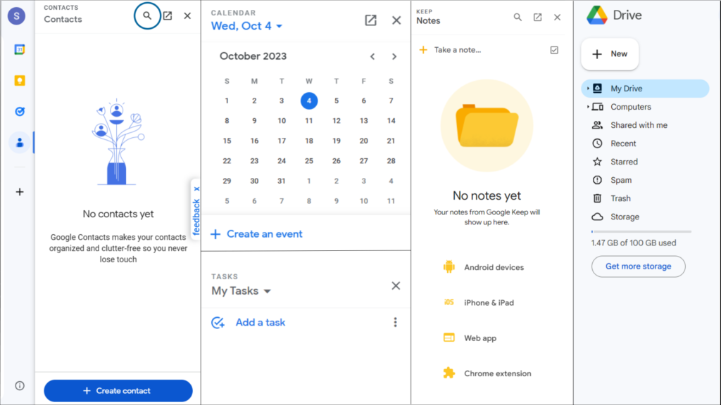 Google contact, Google calendar, google task, google notes, google drive, interface, Gmail vs Outlook